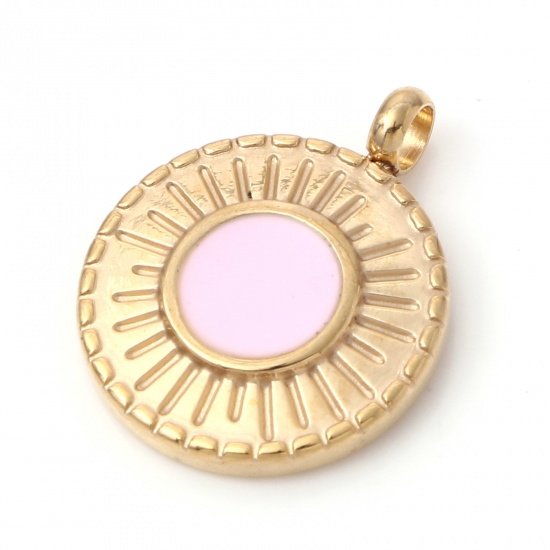 Imagen de 1 Unidad Enchapado al Vacío 304 Acero Inoxidable Galaxia Colgantes Chapado en Oro Color rosa Ronda Disco Sol Esmalte 19mm x 15mm