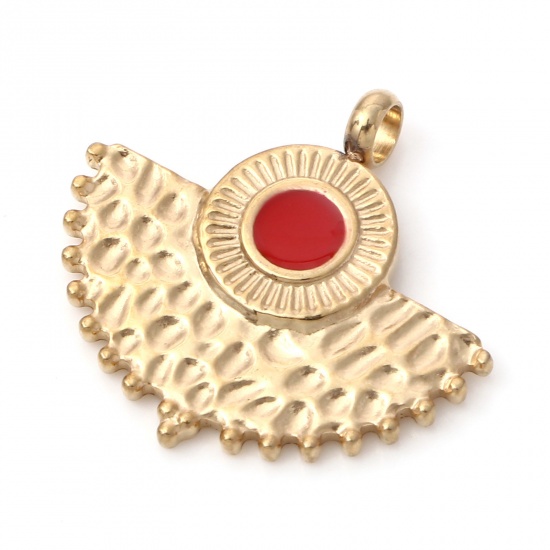 Imagen de 1 Unidad Enchapado al Vacío 304 Acero Inoxidable Martillado Colgantes Chapado en Oro Rojo En forma de abanico Esmalte 22mm x 20mm