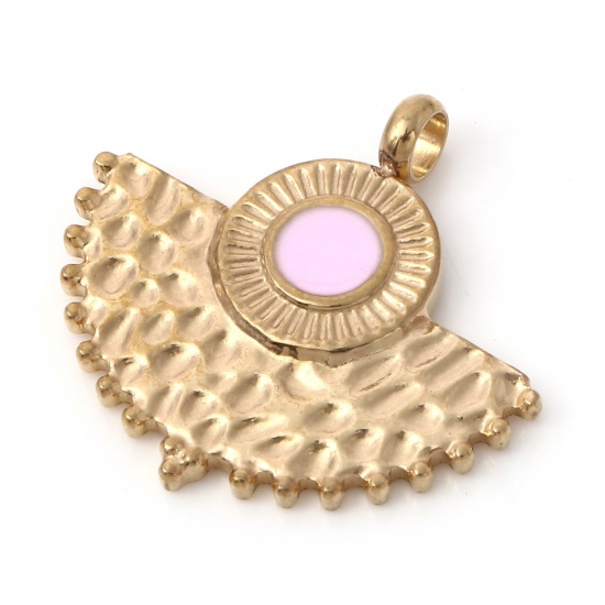 Imagen de 1 Unidad Recubrimiento al Vacío PVD Ecológico 304 Acero Inoxidable Martillado Colgantes Chapado en Oro Color rosa En forma de abanico Esmalte 22mm x 20mm