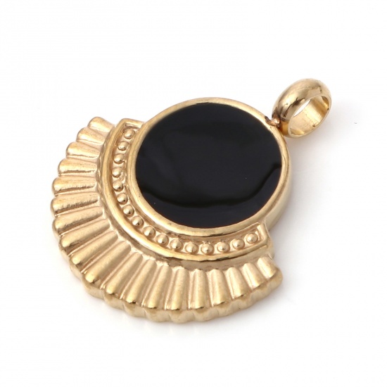 Imagen de 1 Unidad Recubrimiento al Vacío PVD Ecológico 304 Acero Inoxidable Colgantes Chapado en Oro Negro En forma de abanico Esmalte 19mm x 15.5mm