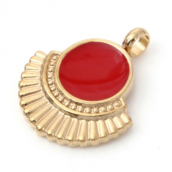 Imagen de 1 Unidad Recubrimiento al Vacío PVD Ecológico 304 Acero Inoxidable Colgantes Chapado en Oro Rojo En forma de abanico Esmalte 19mm x 15.5mm