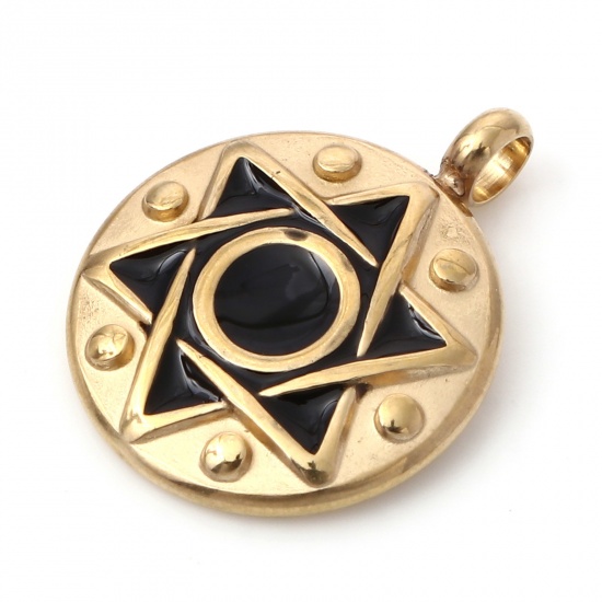 Imagen de 1 Unidad Respetuoso del Medio Ambiente 304 Acero Inoxidable Religión Colgantes Chapado en Oro Negro Ronda Disco Estrella de David Hexagrama Esmalte 19mm x 15mm