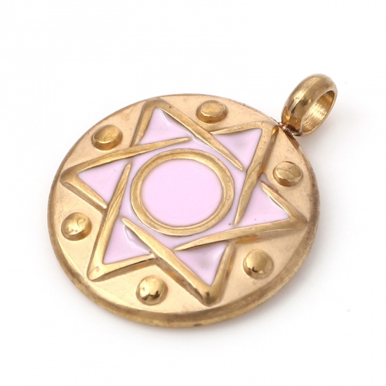 Imagen de 1 Unidad Respetuoso del Medio Ambiente 304 Acero Inoxidable Religión Colgantes Chapado en Oro Color rosa Ronda Disco Estrella de David Hexagrama Esmalte 19mm x 15mm