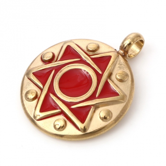 Imagen de 1 Unidad Respetuoso del Medio Ambiente 304 Acero Inoxidable Religión Colgantes Chapado en Oro Rojo Ronda Disco Estrella de David Hexagrama Esmalte 19mm x 15mm