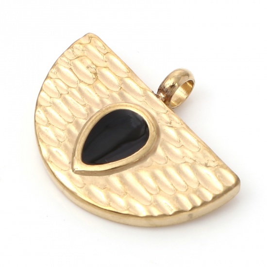 Imagen de 1 Unidad Recubrimiento al Vacío PVD Ecológico 304 Acero Inoxidable Martillado Colgantes Chapado en Oro Negro Medio Círculo Esmalte 20mm x 16mm