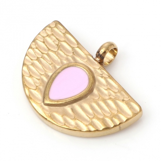 Imagen de 1 Unidad Enchapado al Vacío 304 Acero Inoxidable Martillado Colgantes Chapado en Oro Color rosa Medio Círculo Gota Esmalte 20mm x 16mm