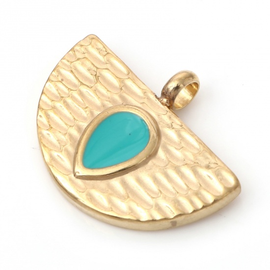 Imagen de 1 Unidad Enchapado al Vacío 304 Acero Inoxidable Martillado Colgantes Chapado en Oro Verde Azul Medio Círculo Gota Esmalte 20mm x 16mm