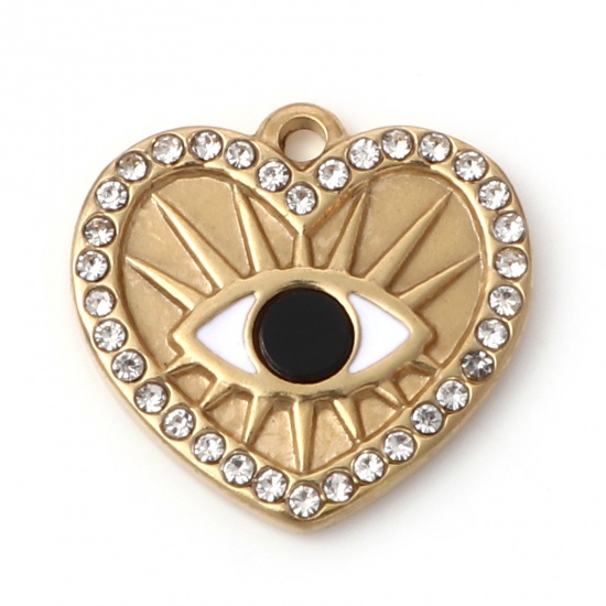 Picture of 1 Piece Vacuum Plating 304 Stainless Steel & Shell Religious Charms Gold Plated Black & White Heart Eye of Providence/ All-seeing Eye Enamel 15.5mm x 15mm