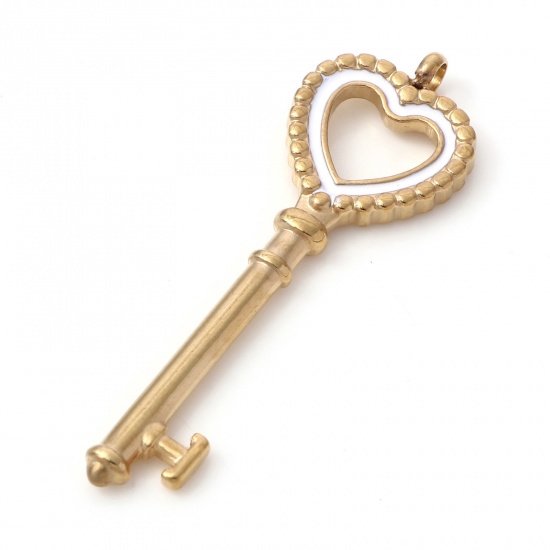Imagen de 1 Unidad Enchapado al Vacío 304 Acero Inoxidable Colgantes Llave Chapado en Oro Blanco Esmalte 4.8cm x 1.5cm