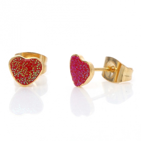 Immagine di 1 Paio Placcatura Sottovuoto 316 Acciaio inossidabile San Valentino Orecchini a Perno Oro Placcato Rosso Brillio Cuore Smalto 6.3mm x 5.6mm, Posta / Filo Dimensione: (21 misura)