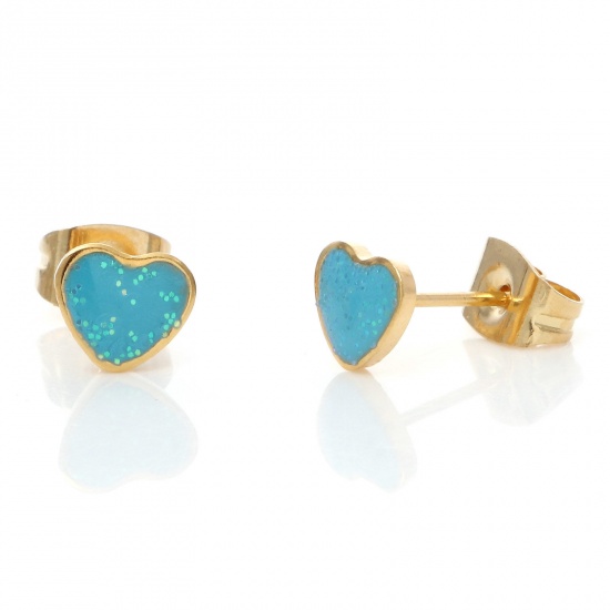 Immagine di 1 Paio Placcatura Sottovuoto 316 Acciaio inossidabile San Valentino Orecchini a Perno Oro Placcato Blu Brillio Cuore Smalto 6.3mm x 5.6mm, Posta / Filo Dimensione: (21 misura)