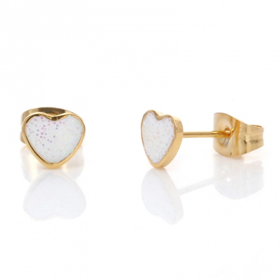 Immagine di 1 Paio Placcatura Sottovuoto 316 Acciaio inossidabile San Valentino Orecchini a Perno Oro Placcato Bianco Brillio Cuore Smalto 6.3mm x 5.6mm, Posta / Filo Dimensione: (21 misura)