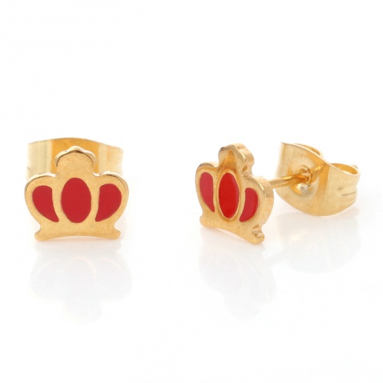 Bild von 1 Paar Vakuumbeschichtung 316 Edelstahl Stilvoll Ohrring Ohrstecker Vergoldet Rot Kaiserkrone Emaille 6.4mm x 7mm, Drahtstärke: (21 gauge)