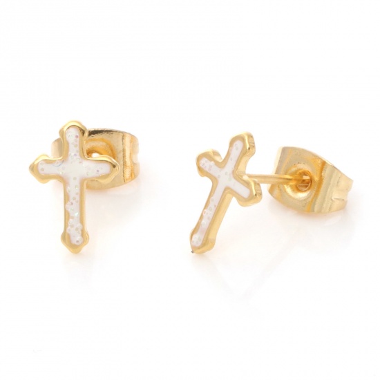 Picture of 316 Stainless Steel Religious Ear Post Stud Earrings Gold Plated White Glitter Cross Enamel 9.7mm x 6.6mm, Post/ Wire Size: (21 gauge), 1 Pair