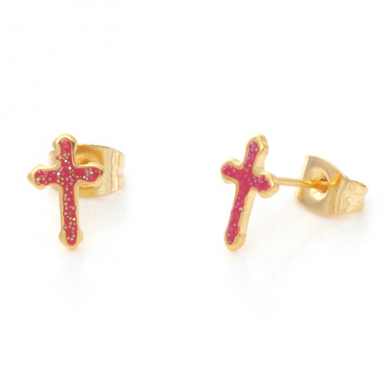 Picture of 316 Stainless Steel Religious Ear Post Stud Earrings Gold Plated Fuchsia Glitter Cross Enamel 9.7mm x 6.6mm, Post/ Wire Size: (21 gauge), 1 Pair