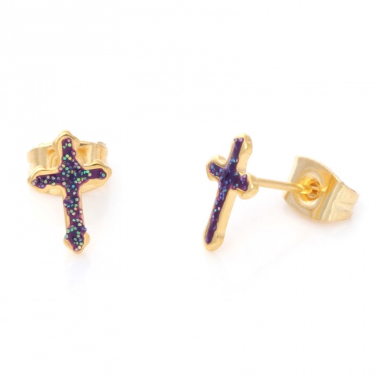 Picture of 316 Stainless Steel Religious Ear Post Stud Earrings Gold Plated Purple Glitter Cross Enamel 9.7mm x 6.6mm, Post/ Wire Size: (21 gauge), 1 Pair