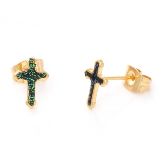 Picture of 316 Stainless Steel Religious Ear Post Stud Earrings Gold Plated Dark Green Glitter Cross Enamel 9.7mm x 6.6mm, Post/ Wire Size: (21 gauge), 1 Pair