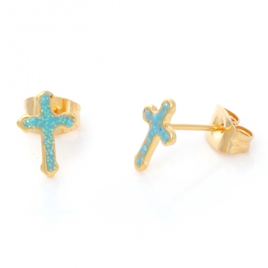 Picture of 316 Stainless Steel Religious Ear Post Stud Earrings Gold Plated Green Blue Glitter Cross Enamel 9.7mm x 6.6mm, Post/ Wire Size: (21 gauge), 1 Pair