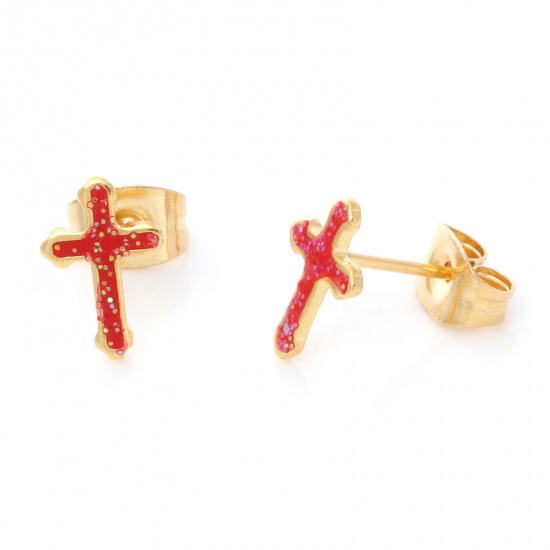 Picture of 316 Stainless Steel Religious Ear Post Stud Earrings Gold Plated Red Glitter Cross Enamel 9.7mm x 6.6mm, Post/ Wire Size: (21 gauge), 1 Pair