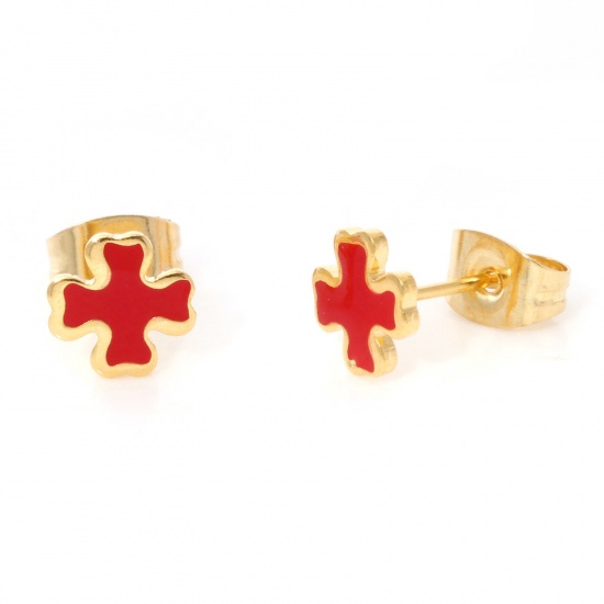Picture of 316 Stainless Steel Religious Ear Post Stud Earrings Gold Plated Red Cross Enamel 7mm x 7mm, Post/ Wire Size: (21 gauge), 1 Pair