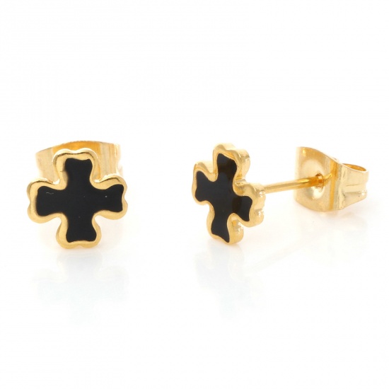 Picture of 316 Stainless Steel Religious Ear Post Stud Earrings Gold Plated Black Cross Enamel 7mm x 7mm, Post/ Wire Size: (21 gauge), 1 Pair