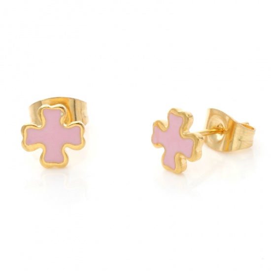 Picture of 316 Stainless Steel Religious Ear Post Stud Earrings Gold Plated Light Pink Cross Enamel 7mm x 7mm, Post/ Wire Size: (21 gauge), 1 Pair