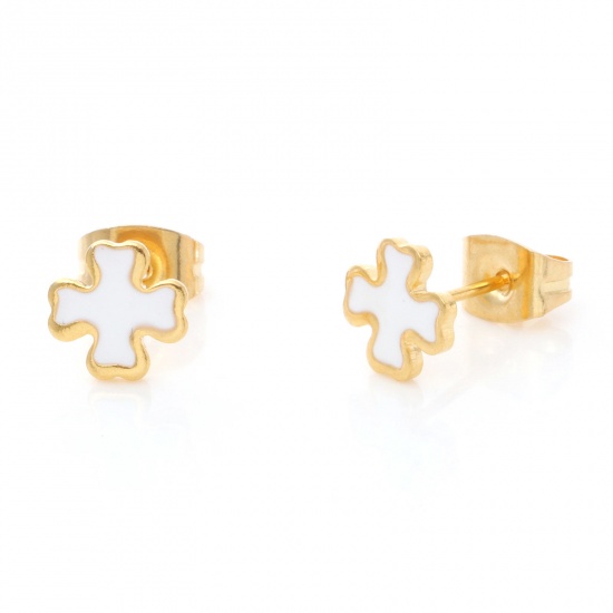 Picture of 316 Stainless Steel Religious Ear Post Stud Earrings Gold Plated White Cross Enamel 7mm x 7mm, Post/ Wire Size: (21 gauge), 1 Pair
