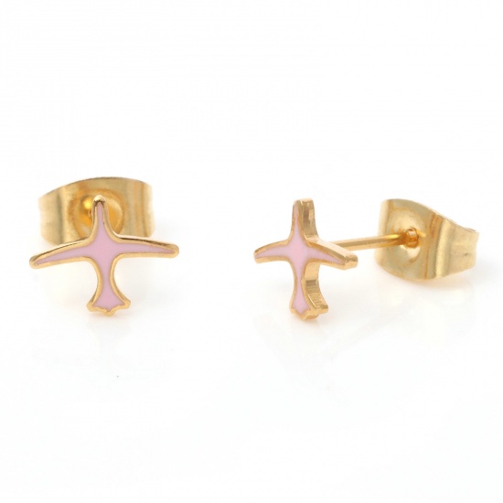 Picture of 1 Pair Vacuum Plating 316 Stainless Steel Stylish Ear Post Stud Earrings Gold Plated Light Pink Airplane Enamel 8mm x 6mm, Post/ Wire Size: (21 gauge)