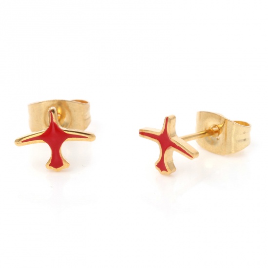 Picture of 1 Pair Vacuum Plating 316 Stainless Steel Stylish Ear Post Stud Earrings Gold Plated Red Airplane Enamel 8mm x 6mm, Post/ Wire Size: (21 gauge)