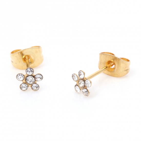 Picture of 1 Pair Vacuum Plating 316 Stainless Steel Stylish Ear Post Stud Earrings Gold Plated Flower Clear Rhinestone 5mm Dia., Post/ Wire Size: (21 gauge)