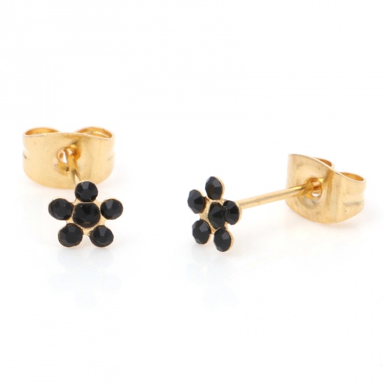 Picture of 1 Pair Vacuum Plating 316 Stainless Steel Stylish Ear Post Stud Earrings Gold Plated Flower Black Rhinestone 5mm Dia., Post/ Wire Size: (21 gauge)