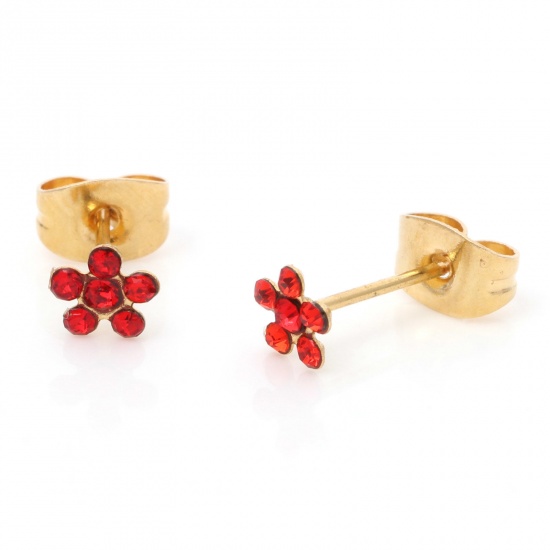 Picture of 1 Pair Vacuum Plating 316 Stainless Steel Stylish Ear Post Stud Earrings Gold Plated Flower Red Rhinestone 5mm Dia., Post/ Wire Size: (21 gauge)