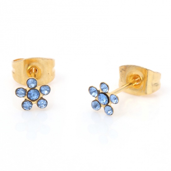 Picture of 1 Pair Vacuum Plating 316 Stainless Steel Stylish Ear Post Stud Earrings Gold Plated Flower Light Blue Rhinestone 5mm Dia., Post/ Wire Size: (21 gauge)