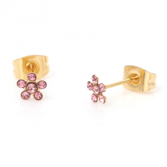 Picture of 1 Pair Vacuum Plating 316 Stainless Steel Stylish Ear Post Stud Earrings Gold Plated Flower Light Pink Rhinestone 5mm Dia., Post/ Wire Size: (21 gauge)