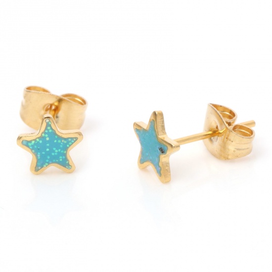 Picture of 1 Pair Vacuum Plating 316 Stainless Steel Stylish Ear Post Stud Earrings Gold Plated Blue Glitter Pentagram Star Enamel 6.7mm x 6.7mm, Post/ Wire Size: (21 gauge)