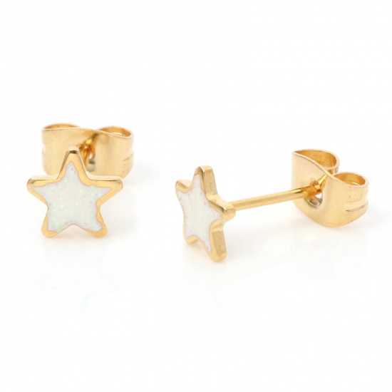 Picture of 1 Pair Vacuum Plating 316 Stainless Steel Stylish Ear Post Stud Earrings Gold Plated White Glitter Pentagram Star Enamel 6.7mm x 6.7mm, Post/ Wire Size: (21 gauge)
