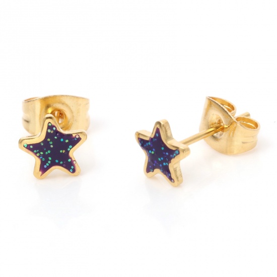 Picture of 1 Pair Vacuum Plating 316 Stainless Steel Stylish Ear Post Stud Earrings Gold Plated Purple Glitter Pentagram Star Enamel 6.7mm x 6.7mm, Post/ Wire Size: (21 gauge)