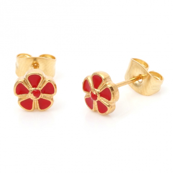 Image de 1 Paire Boucles d'Oreilles Puces en 316 Acier Inoxydable Placage sous Vide Élégant Doré Rouge Rond Fleurs Émail 6.5mm Dia., Epaisseur de Fil: (21 gauge)