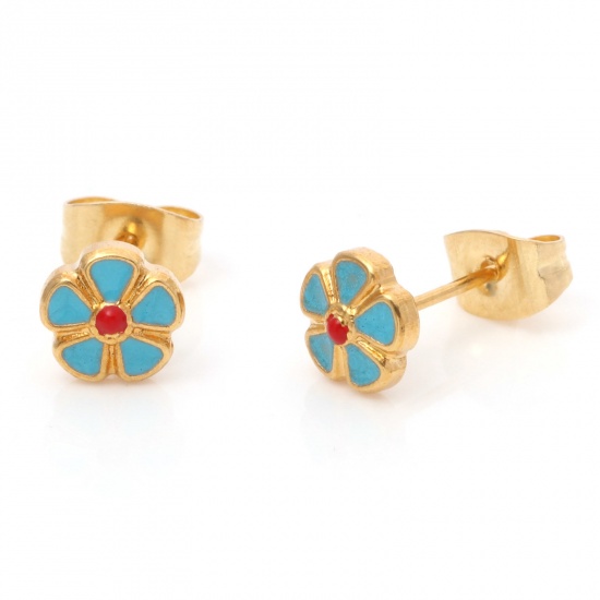 Image de 1 Paire Boucles d'Oreilles Puces en 316 Acier Inoxydable Placage sous Vide Élégant Doré Bleu Rond Fleurs Émail 6.5mm Dia., Epaisseur de Fil: (21 gauge)