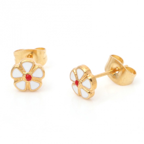Image de 1 Paire Boucles d'Oreilles Puces en 316 Acier Inoxydable Placage sous Vide Élégant Doré Blanc Rond Fleurs Émail 6.5mm Dia., Epaisseur de Fil: (21 gauge)