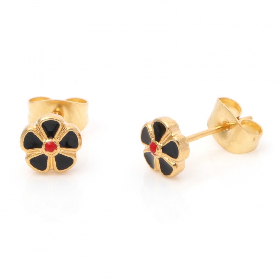 Image de 1 Paire Boucles d'Oreilles Puces en 316 Acier Inoxydable Placage sous Vide Élégant Doré Noir Rond Fleurs Émail 6.5mm Dia., Epaisseur de Fil: (21 gauge)