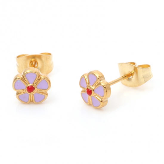 Image de 1 Paire Boucles d'Oreilles Puces en 316 Acier Inoxydable Placage sous Vide Élégant Doré Violet Rond Fleurs Émail 6.5mm Dia., Epaisseur de Fil: (21 gauge)