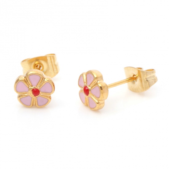 Image de 1 Paire Boucles d'Oreilles Puces en 316 Acier Inoxydable Placage sous Vide Élégant Doré Rose Clair Rond Fleurs Émail 6.5mm Dia., Epaisseur de Fil: (21 gauge)