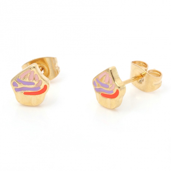 Picture of 1 Pair Vacuum Plating 316 Stainless Steel Stylish Ear Post Stud Earrings Gold Plated Multicolor Ice Cream Enamel 7.3mm x 6.5mm, Post/ Wire Size: (21 gauge)