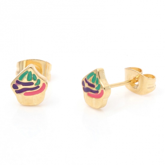 Picture of 1 Pair Vacuum Plating 316 Stainless Steel Stylish Ear Post Stud Earrings Gold Plated Multicolor Ice Cream Enamel 7.3mm x 6.5mm, Post/ Wire Size: (21 gauge)