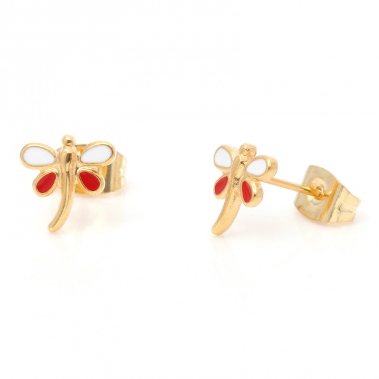 Picture of 316 Stainless Steel Insect Ear Post Stud Earrings Gold Plated Red Dragonfly Animal Enamel 8mm x 8mm, Post/ Wire Size: (21 gauge), 1 Pair