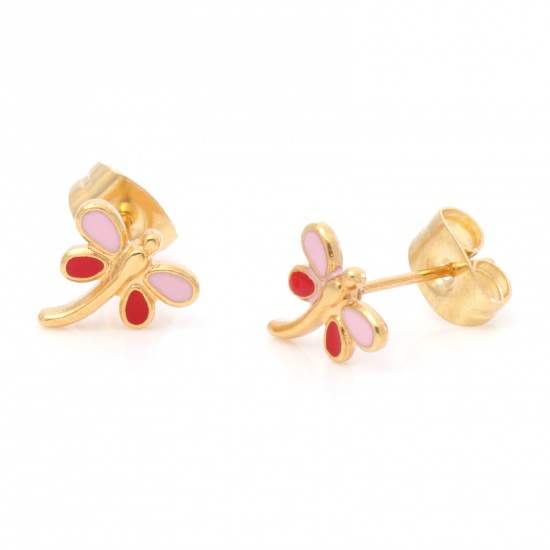 Picture of 316 Stainless Steel Insect Ear Post Stud Earrings Gold Plated Light Pink Dragonfly Animal Enamel 8mm x 8mm, Post/ Wire Size: (21 gauge), 1 Pair