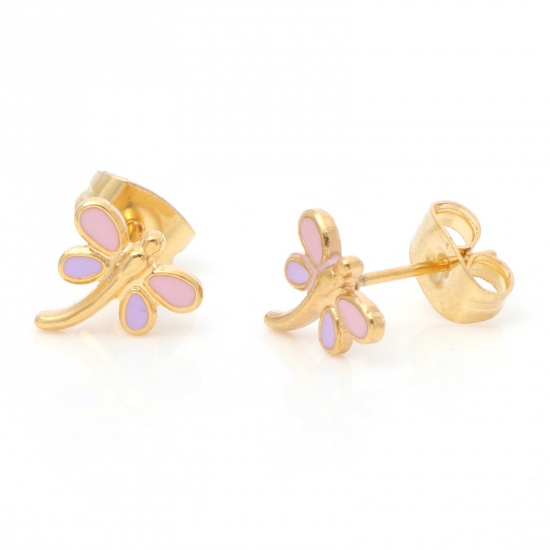 Picture of 316 Stainless Steel Insect Ear Post Stud Earrings Gold Plated Purple Dragonfly Animal Enamel 8mm x 8mm, Post/ Wire Size: (21 gauge), 1 Pair