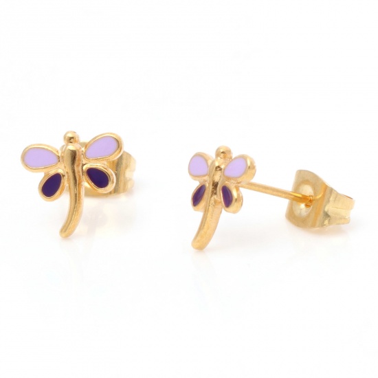 Picture of 316 Stainless Steel Insect Ear Post Stud Earrings Gold Plated Black Dragonfly Animal Enamel 8mm x 8mm, Post/ Wire Size: (21 gauge), 1 Pair