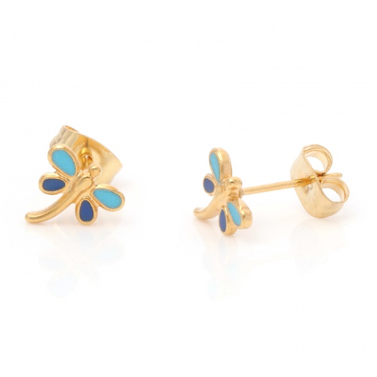 Picture of 316 Stainless Steel Insect Ear Post Stud Earrings Gold Plated Blue Dragonfly Animal Enamel 8mm x 8mm, Post/ Wire Size: (21 gauge), 1 Pair